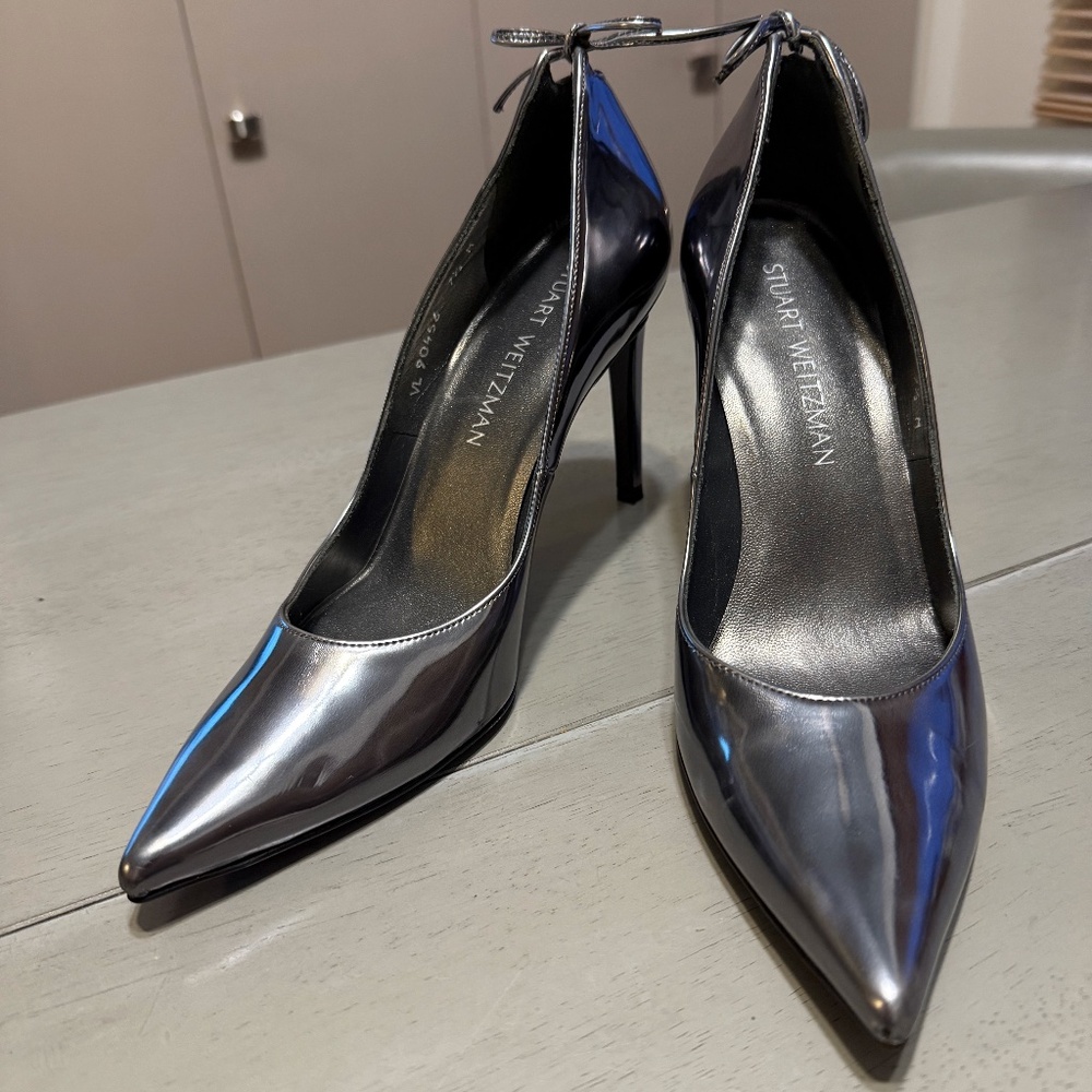 Stuart Weitzman Metallic Silver Pointed-Toe Stiletto Heels